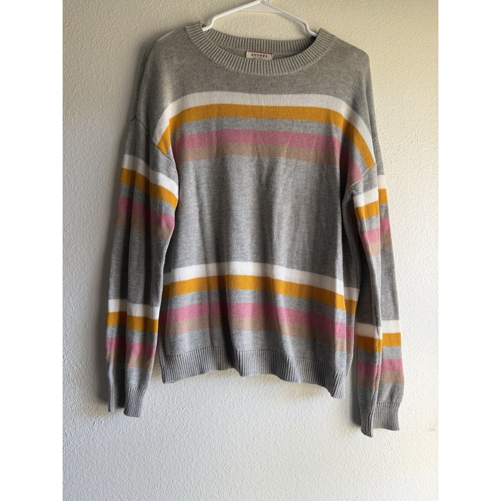 Andree By Unit Sweater Womens Med Gray Stripe Modest Light Classic Cozy Timeless